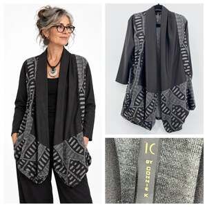 IC by Connie K Open Front Cardigan Size Small Gray Geometric Lagenlook Artsy